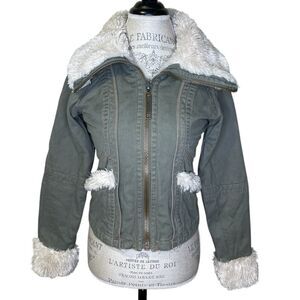 Big Chill Zip Up Women's Green Jacket Faux Fur Trim On Collar and Cuffs Small
